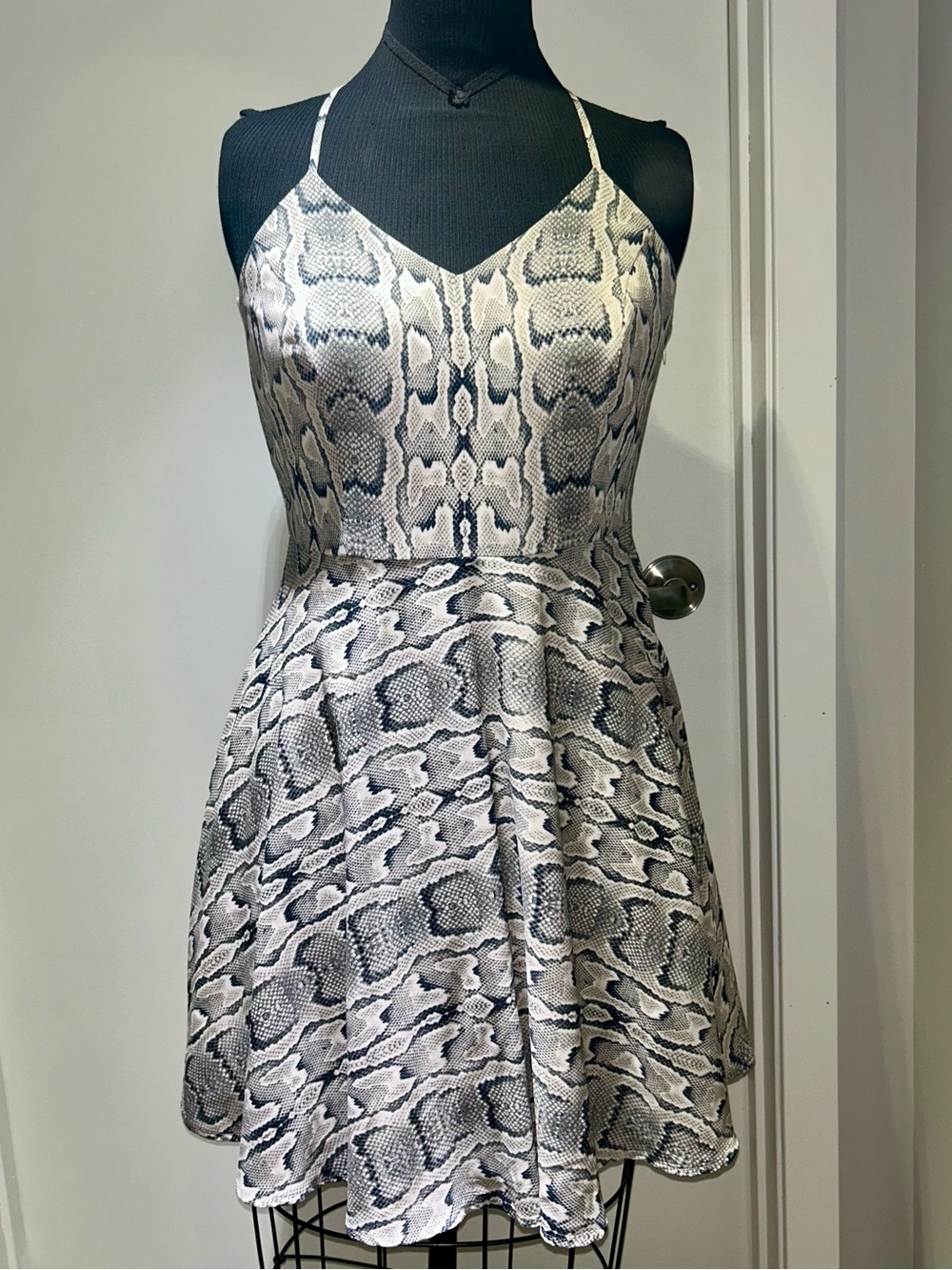 Express Snake-Print Spaghetti Strap Dress in Black, White & Light Greige